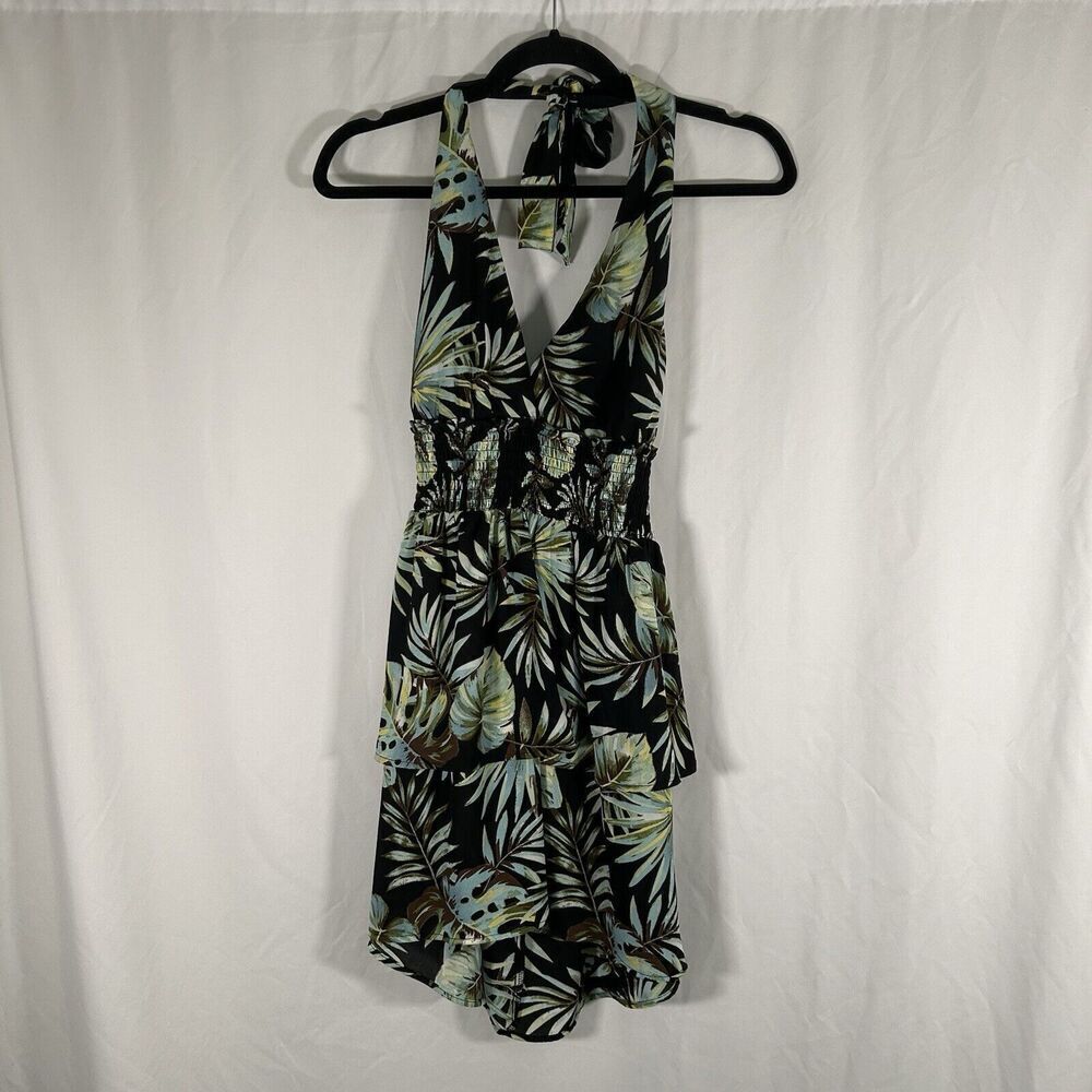 Madden NYC Mini Dress Women's Small Green Floral Smocked Sleeveless Tie Neck